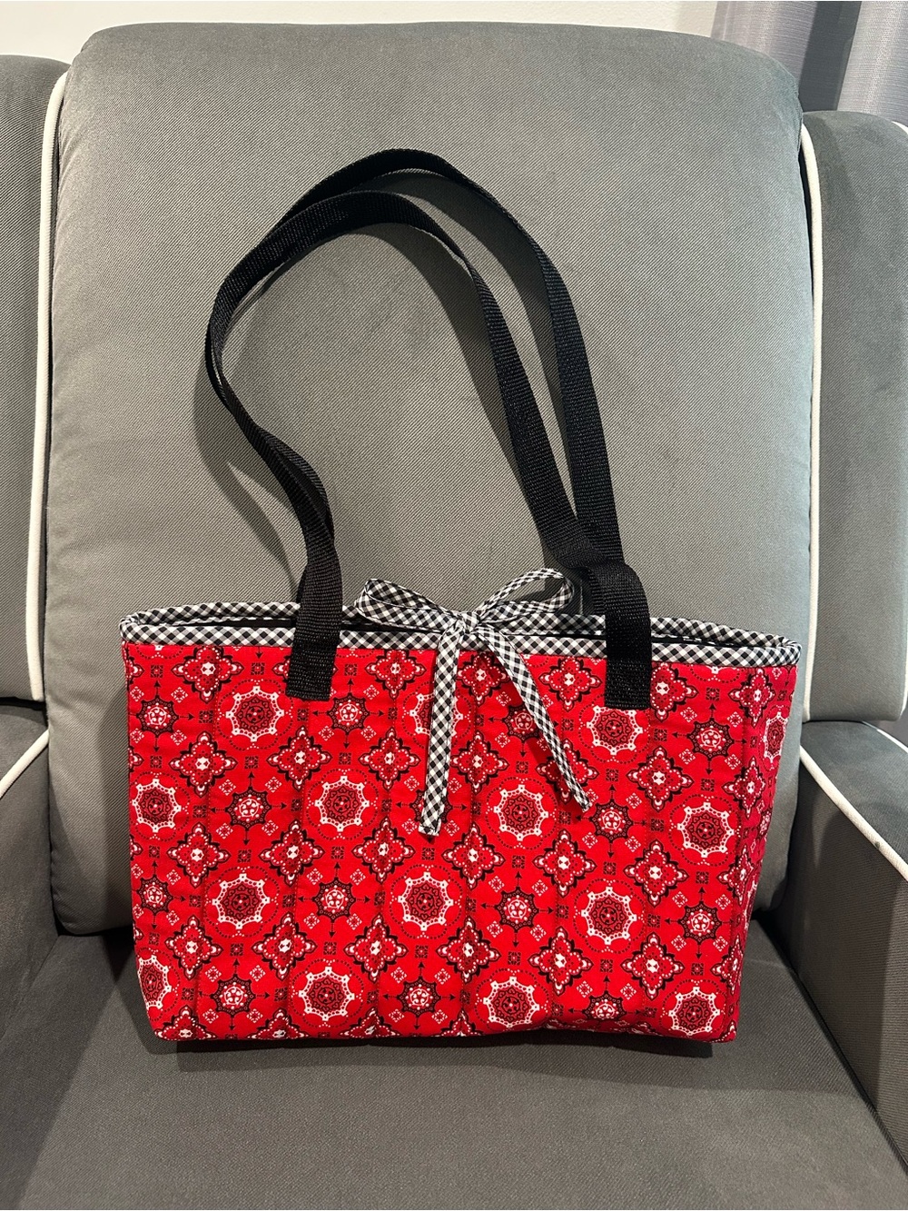 Red Patterned Tote Bag with Black Straps